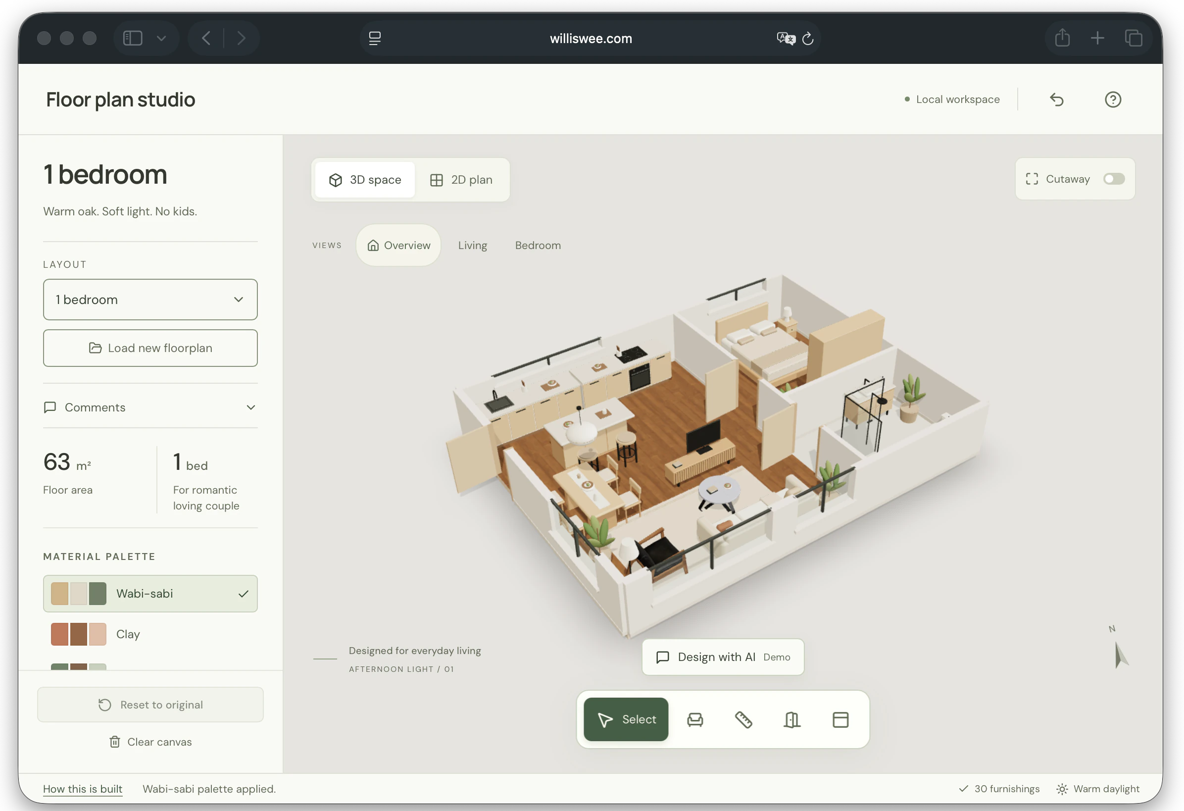 Floor plan studio showing a one-bedroom home in 3D, with layout, comments, and material palette controls.