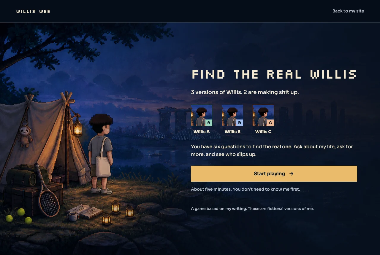 The Find the real Willis starting screen: three pixel-art versions of Willis beside a Singapore campsite, with six questions to find the real one.