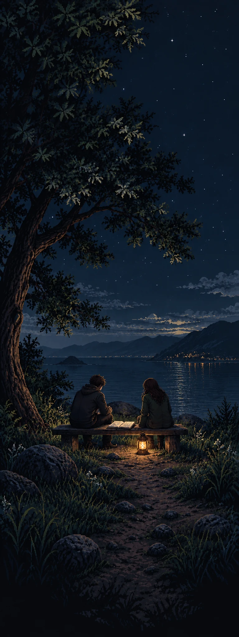 Two comrades sit beside a lantern on a bench overlooking the water at dusk