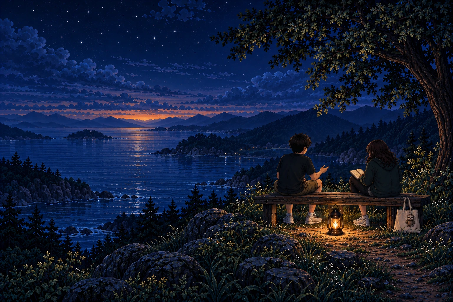 Two comrades sit with space between them on a bench beneath a coastal tree, one gesturing while the other holds a notebook, with a lantern at their feet and a blue bay beyond
