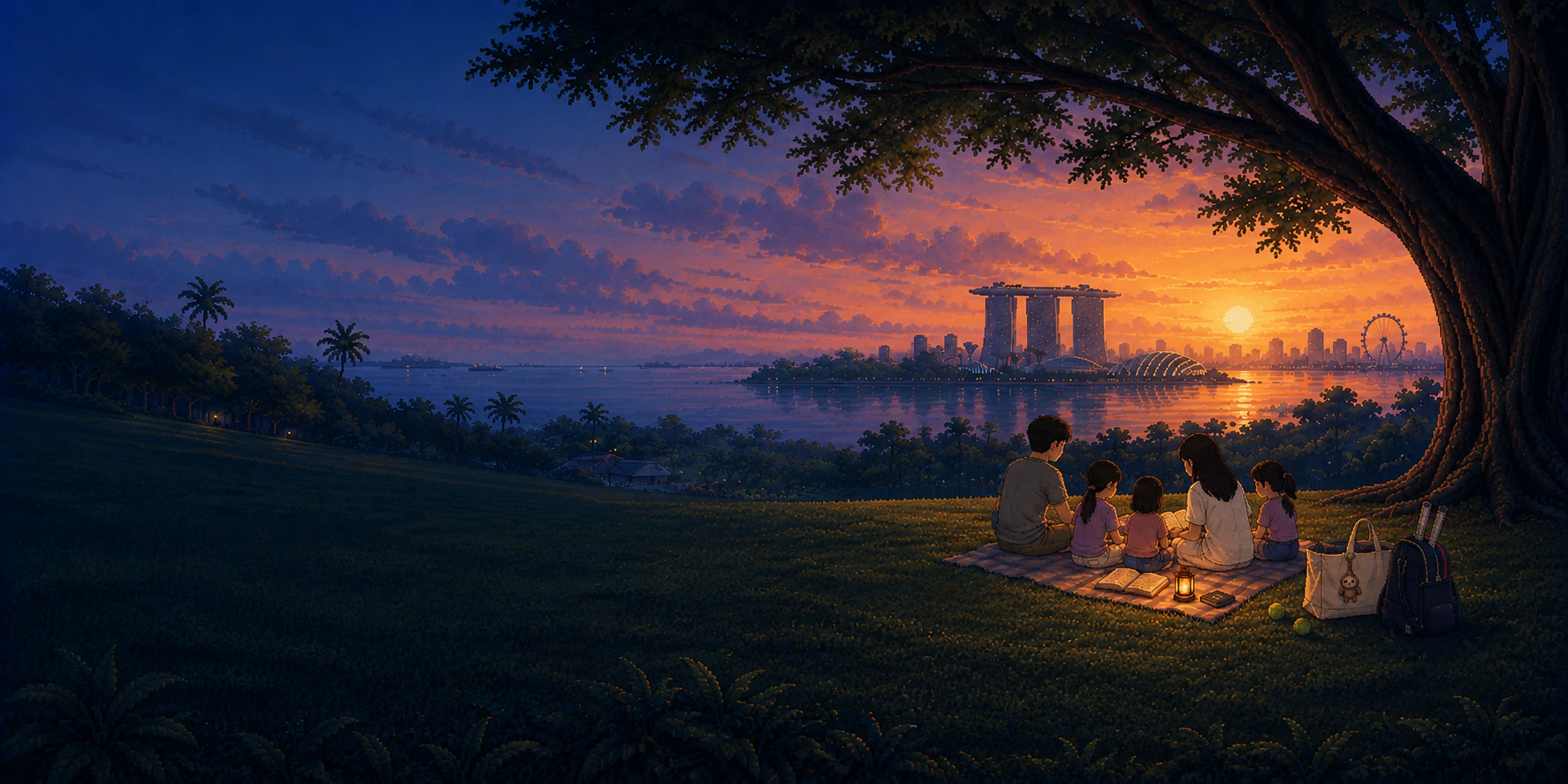 Willis, his wife, and three daughters spend a quiet evening together in a Singapore coastal park, with books, a Kindle, tennis gear, and a sloth charm beside their picnic blanket