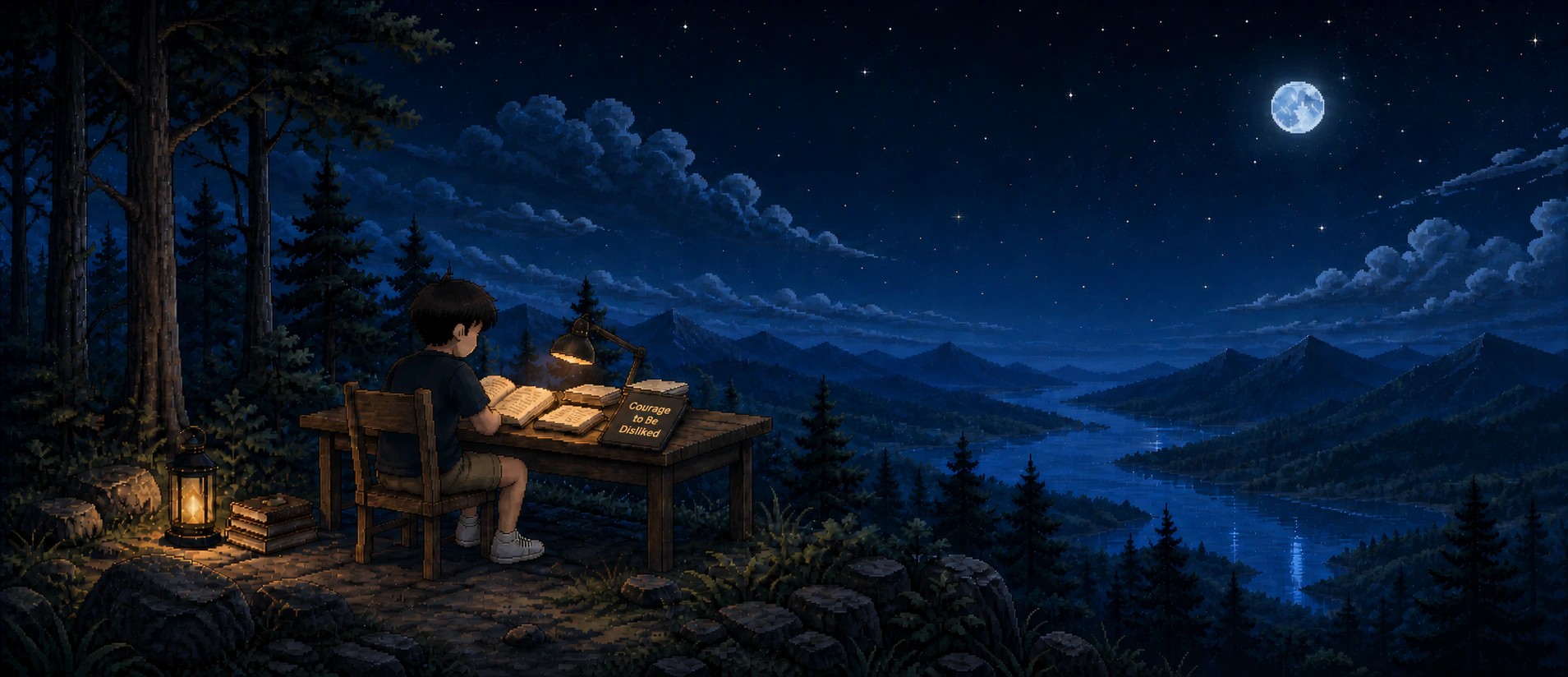 Willis reads by a warm desk lamp at a moonlit mountain overlook, with books and a Kindle showing Courage to Be Disliked