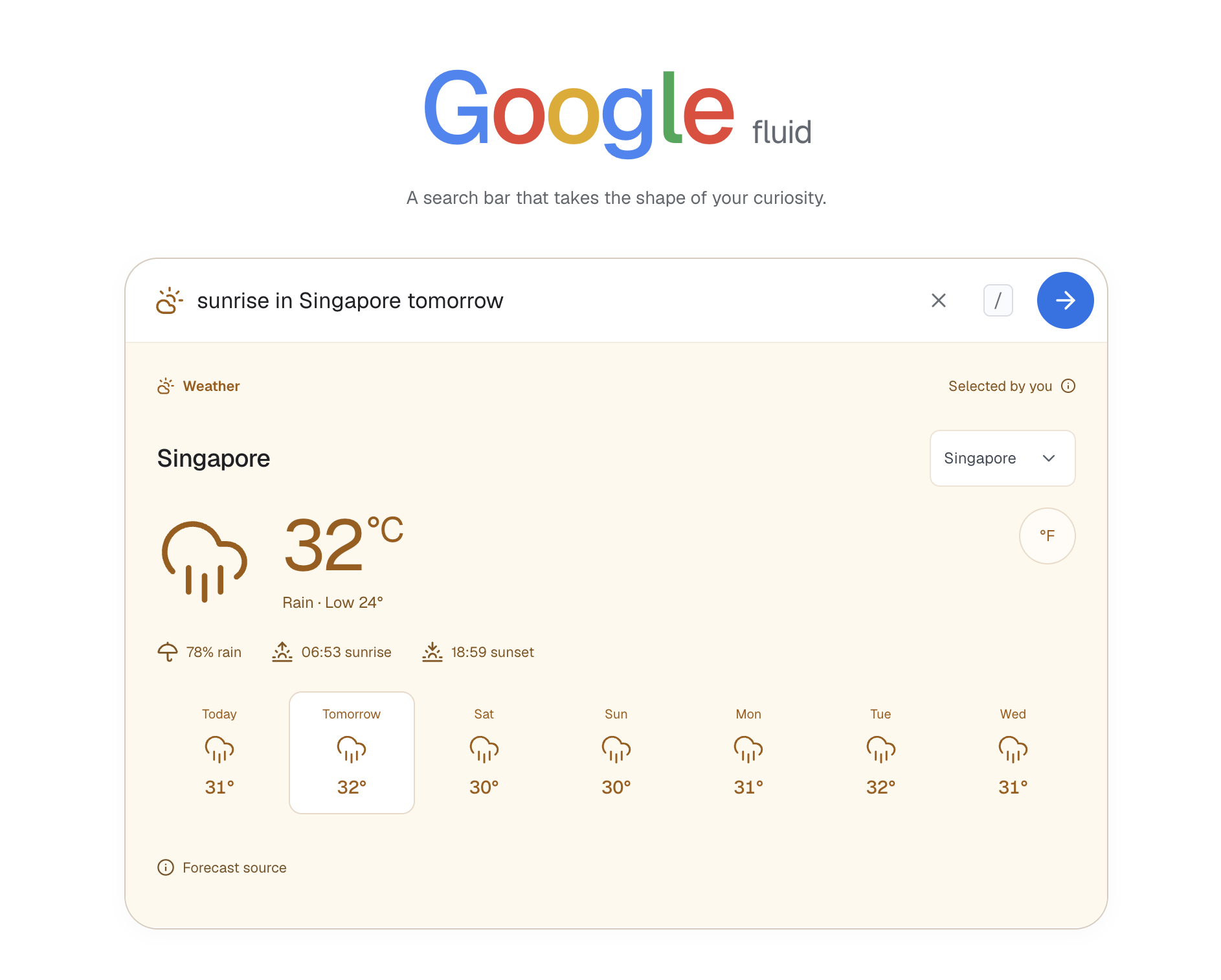 Google fluid showing a Singapore weather panel that appears for the search ‘sunrise in Singapore tomorrow’.