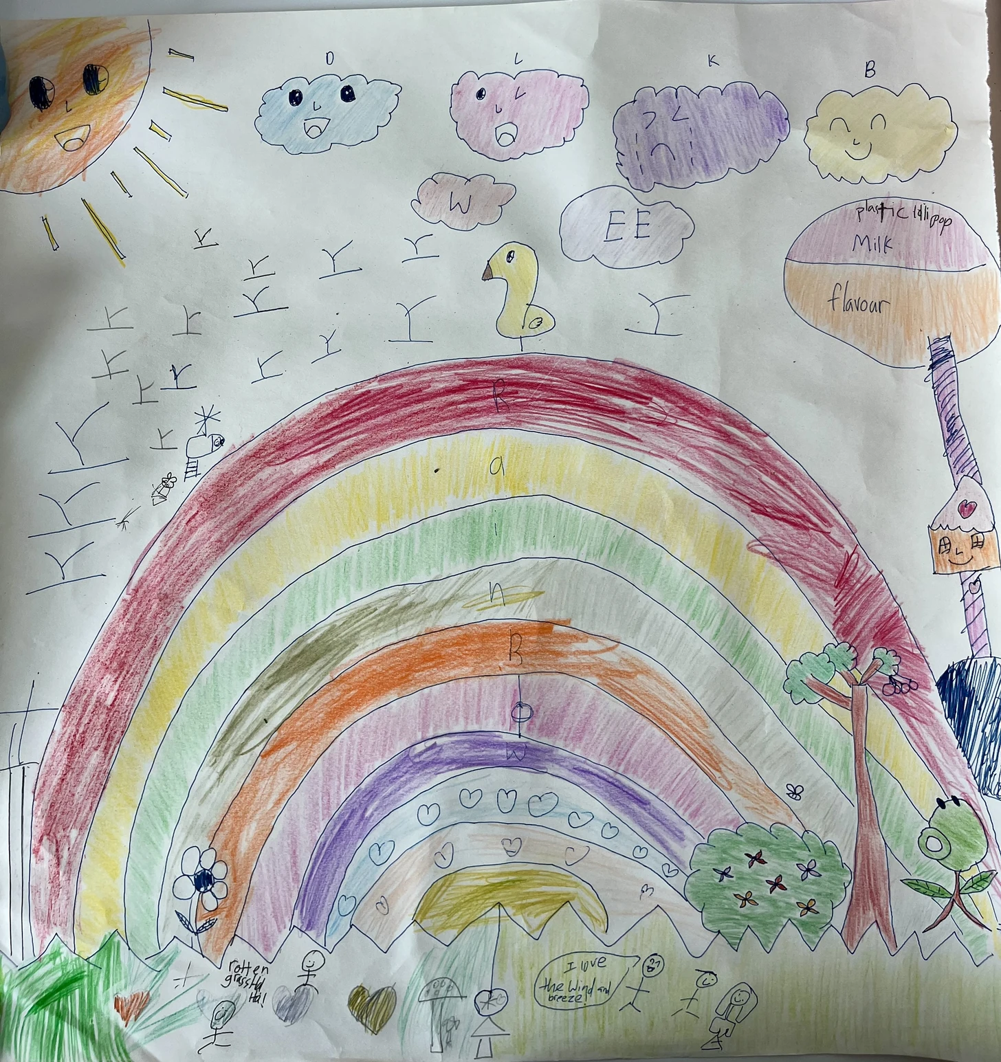 A colorful drawing made with the kids, with a large rainbow, smiling clouds, a sun, flowers, and small figures.