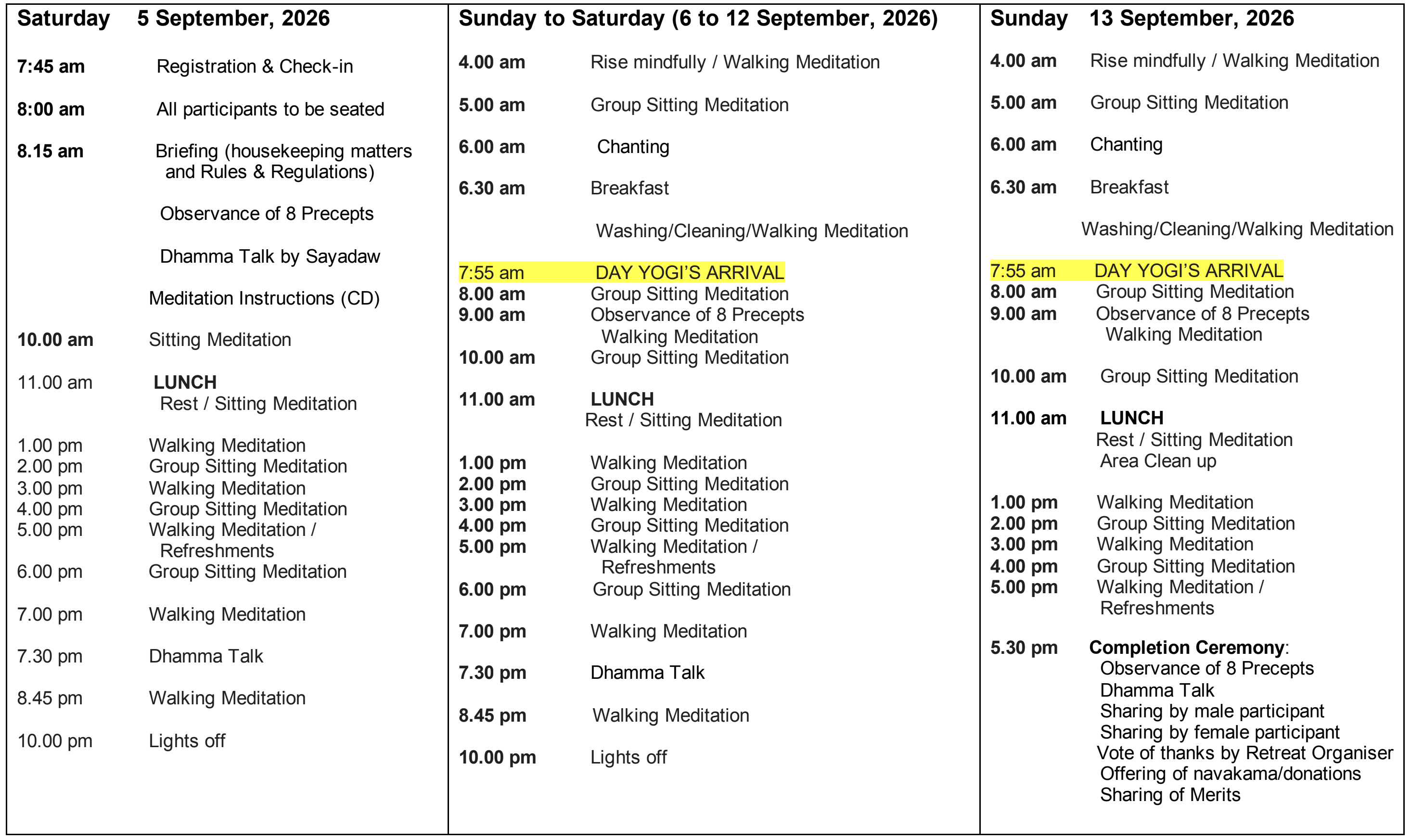 Three-column retreat schedule for 5–13 September 2026, including 4 am starts, meditation sessions, meals, Dhamma talks, and 10 pm lights off.
