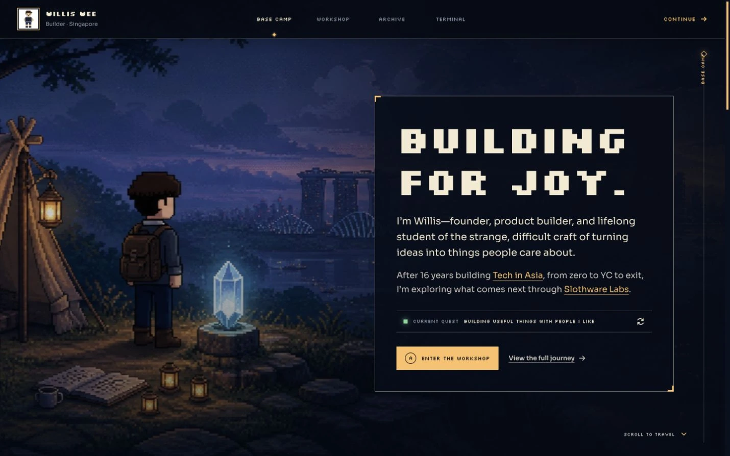An early pixel-art campsite homepage with a character, tent, telescope, glowing crystal, and Building for Joy title.