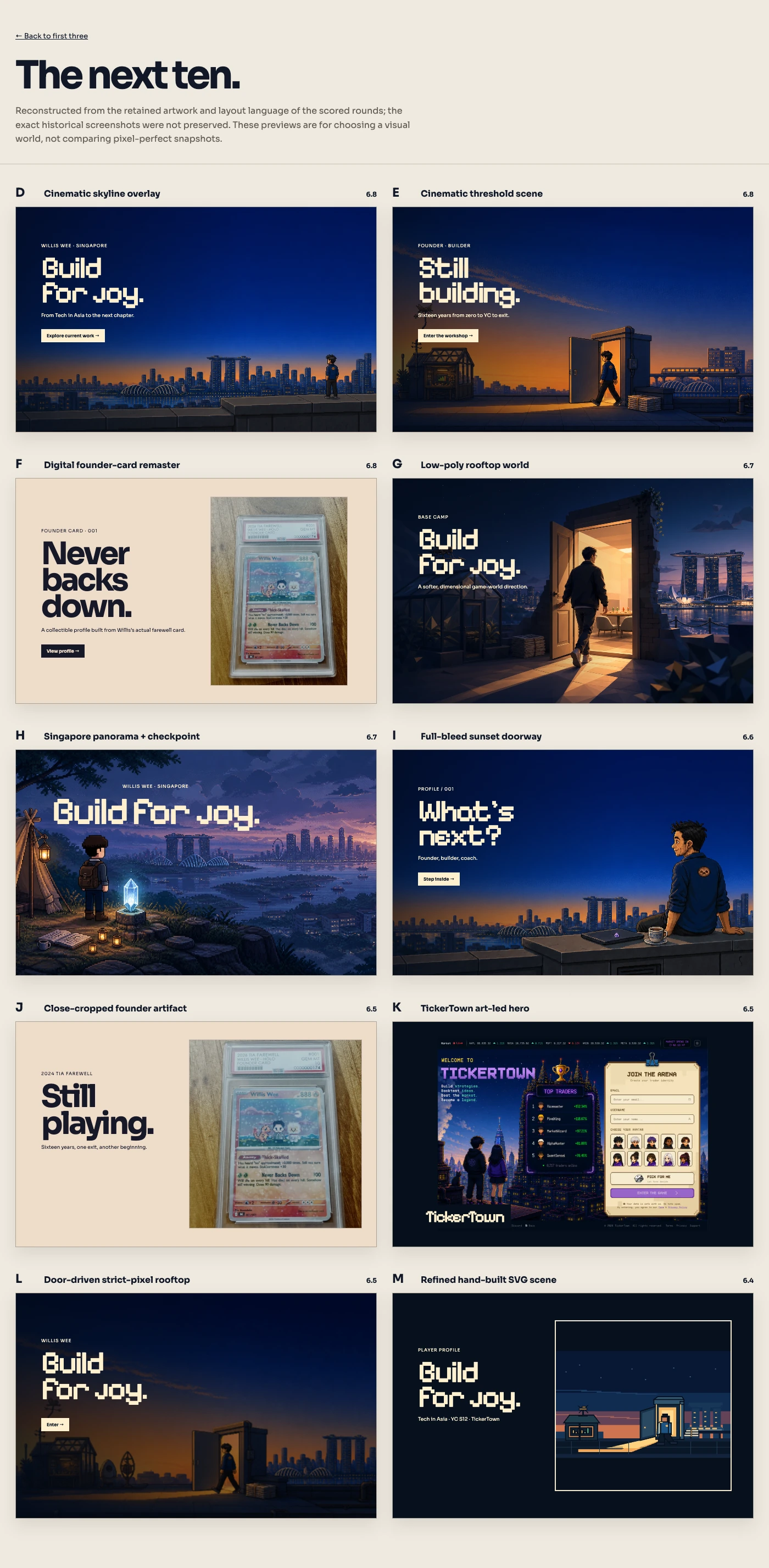 A comparison board of ten saved homepage directions, showing different layouts, artwork, and typography.
