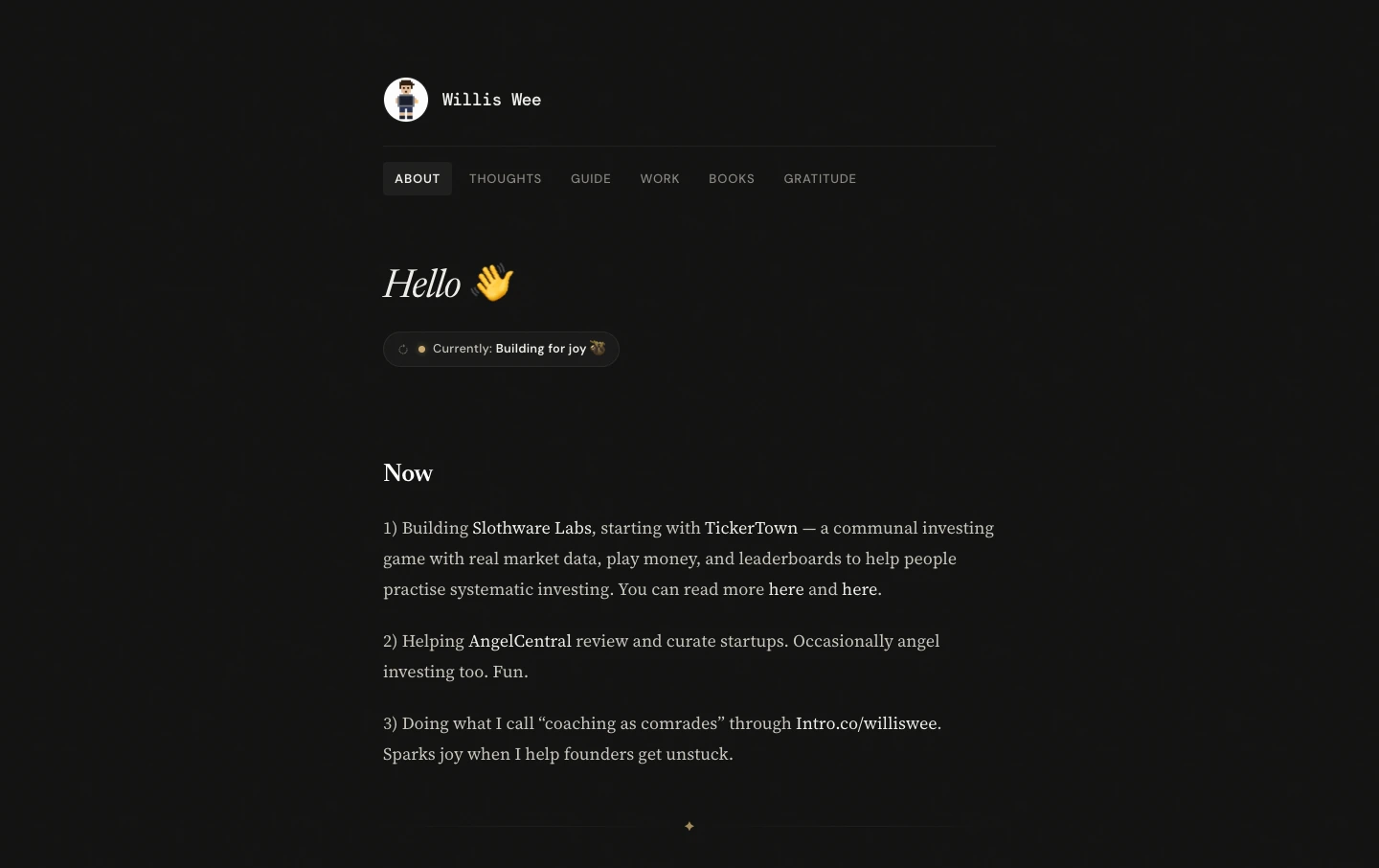 The old text-focused Willis Wee homepage, with a short introduction and a list of current projects.