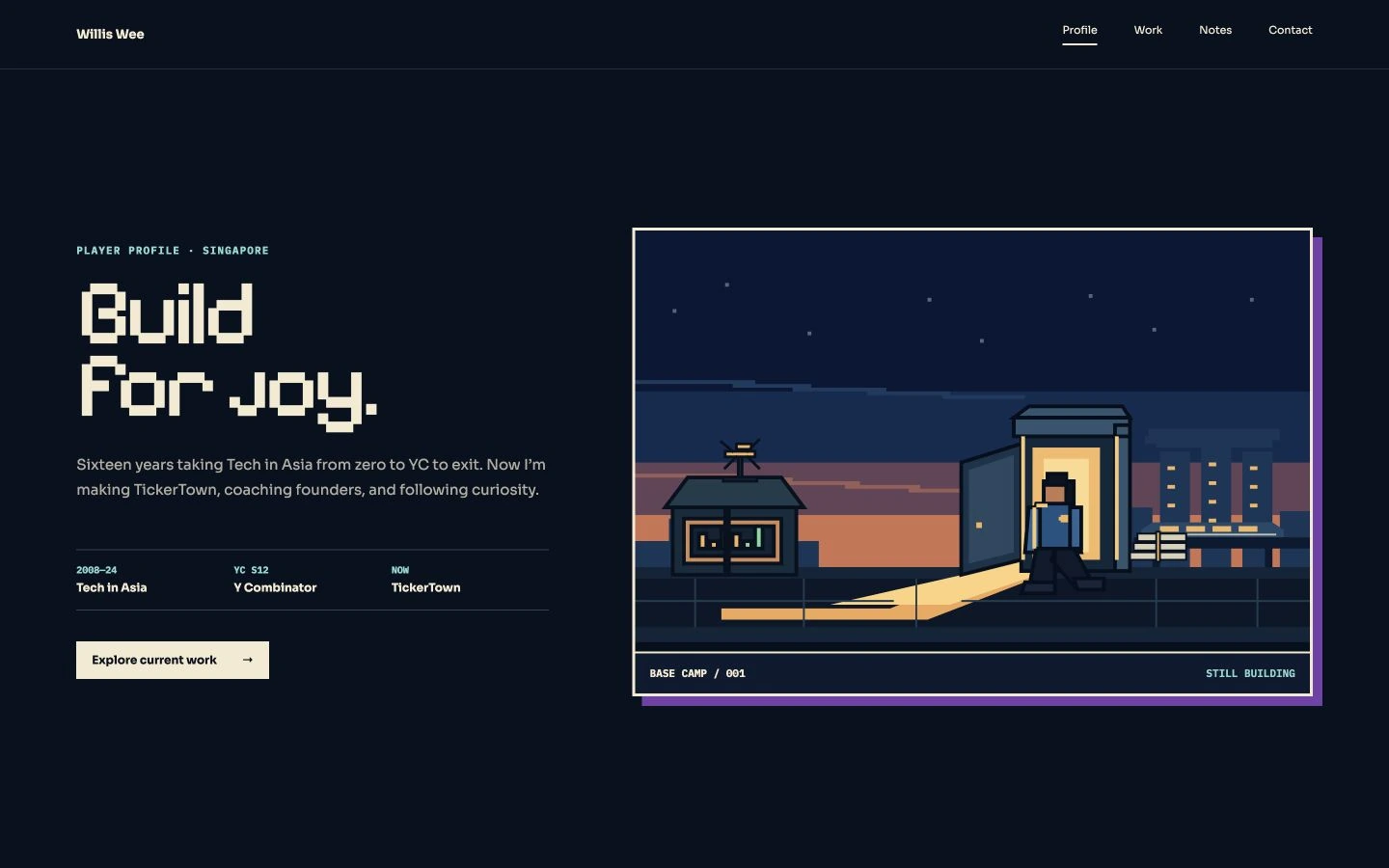 An illustrated player-card homepage with Build For Joy text beside a pixel-art character on a rooftop.