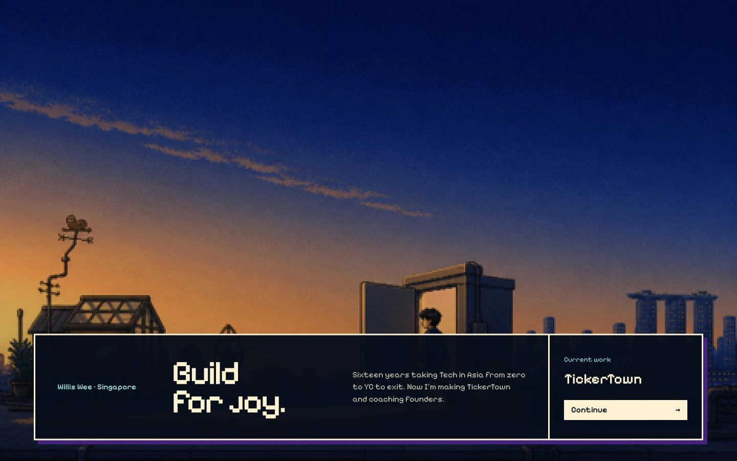 A rooftop homepage experiment with a sunset skyline and a compact Build For Joy introduction panel.