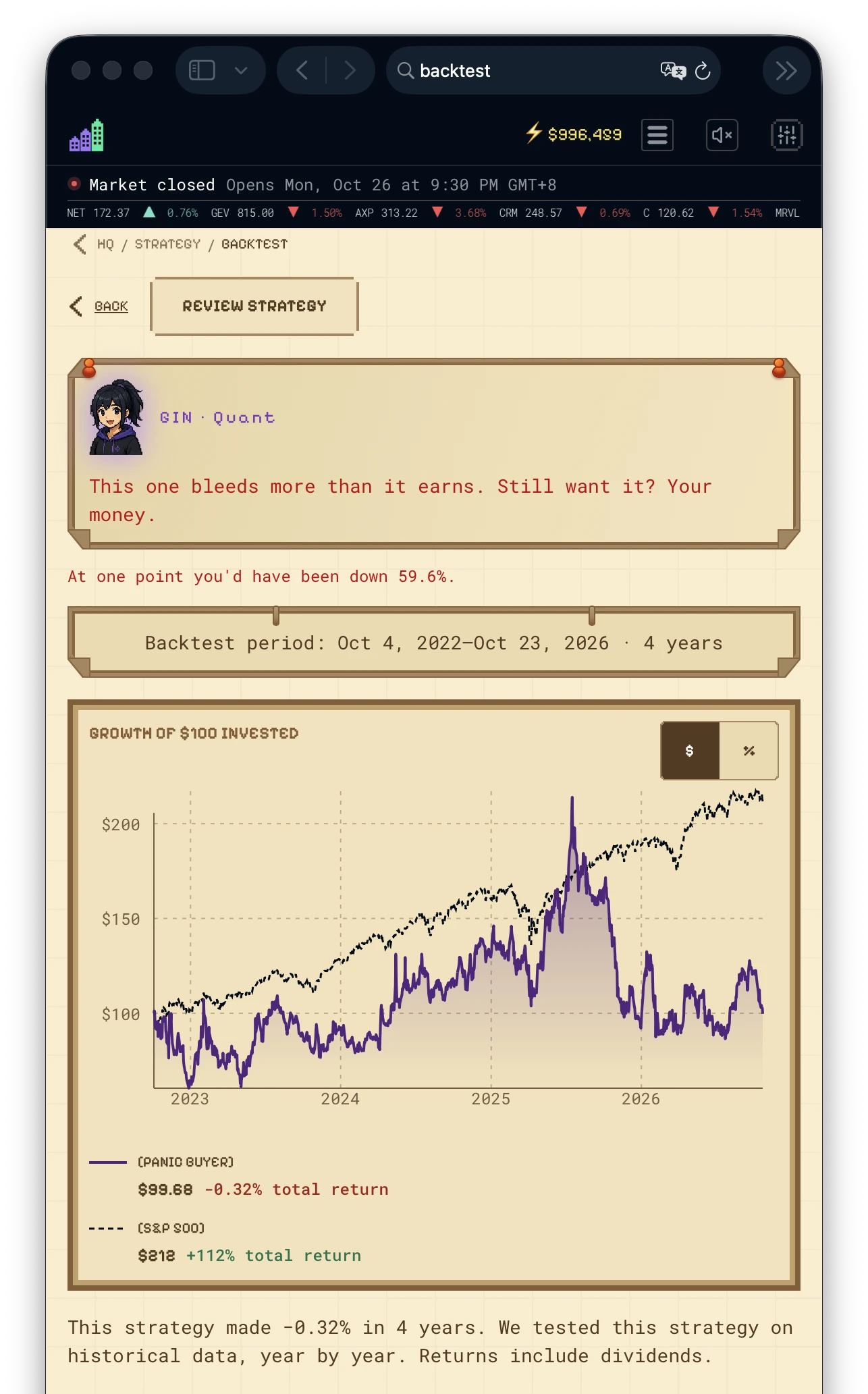 TickerTown strategy backtest screen showing five years of market history