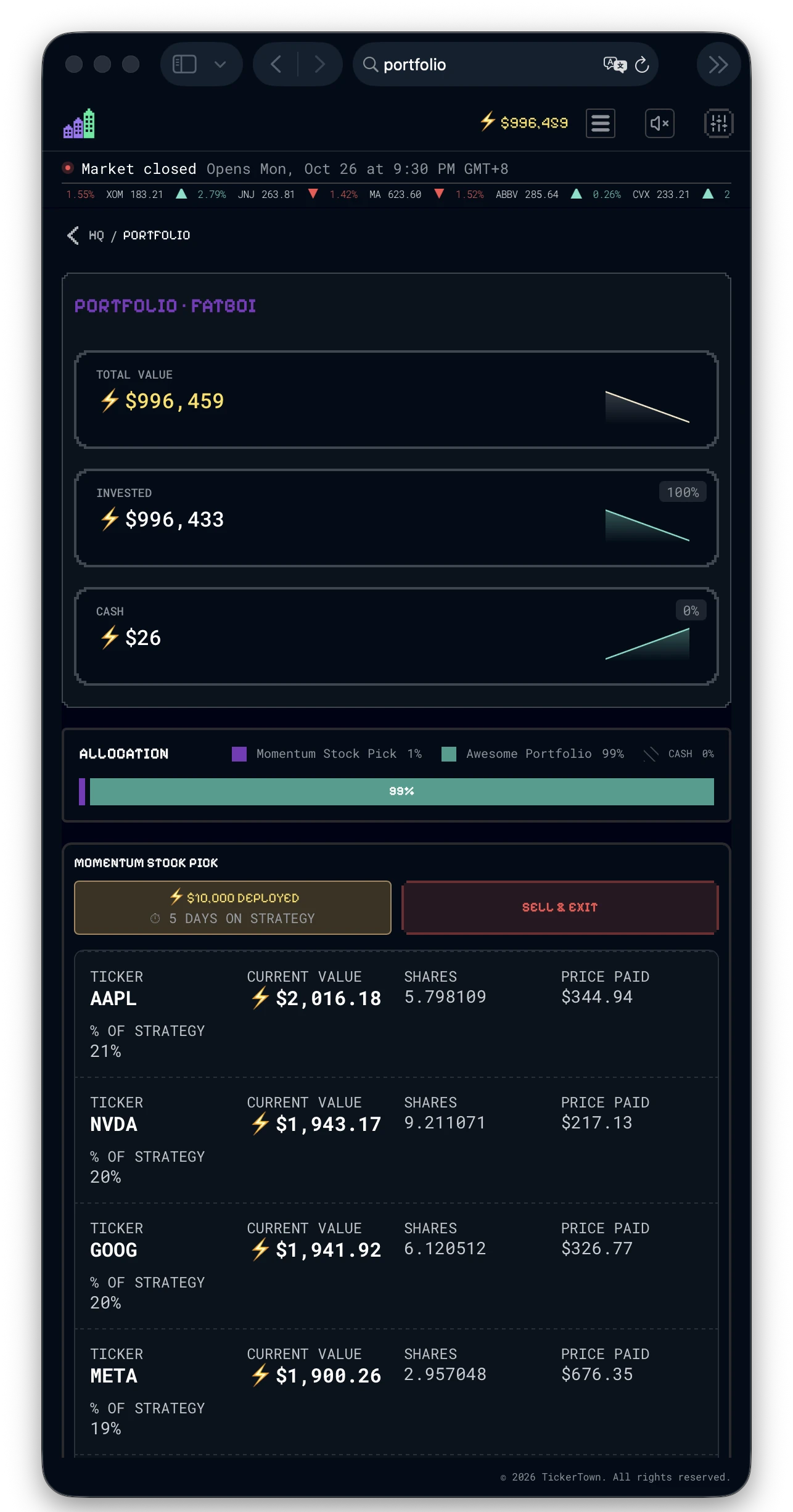 Mobile view of TickerTown portfolio numbers and charts