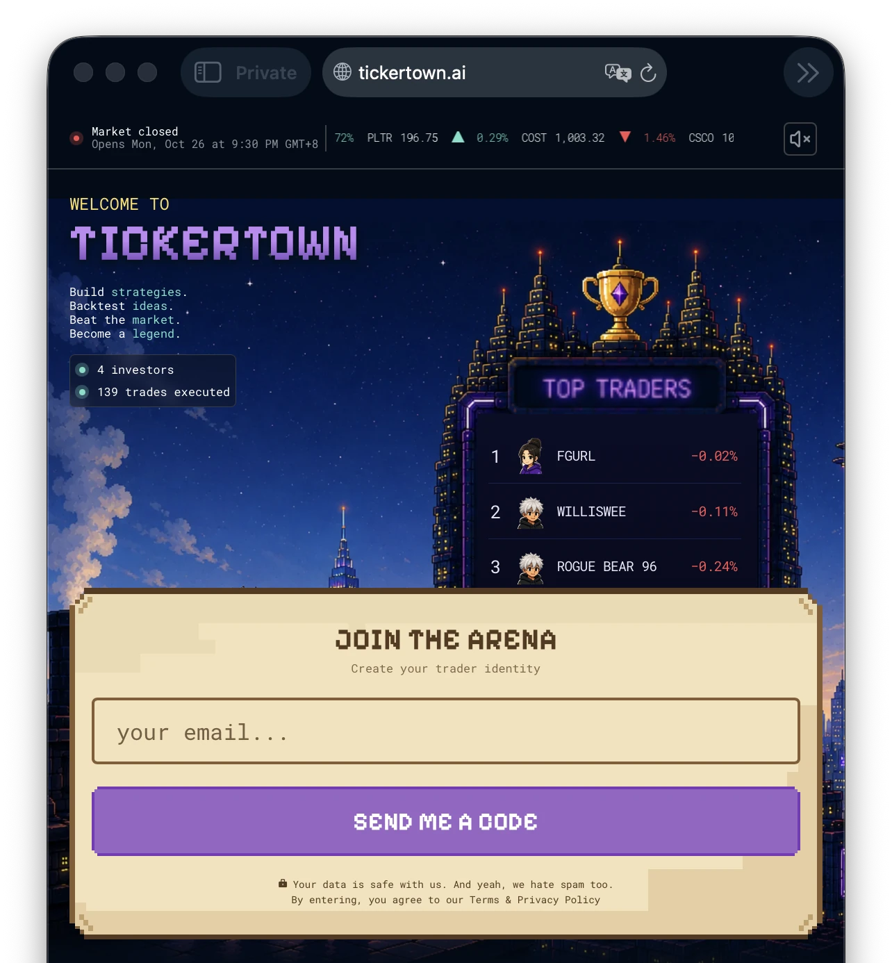 TickerTown sign-in screen showing email entry and verification code flow
