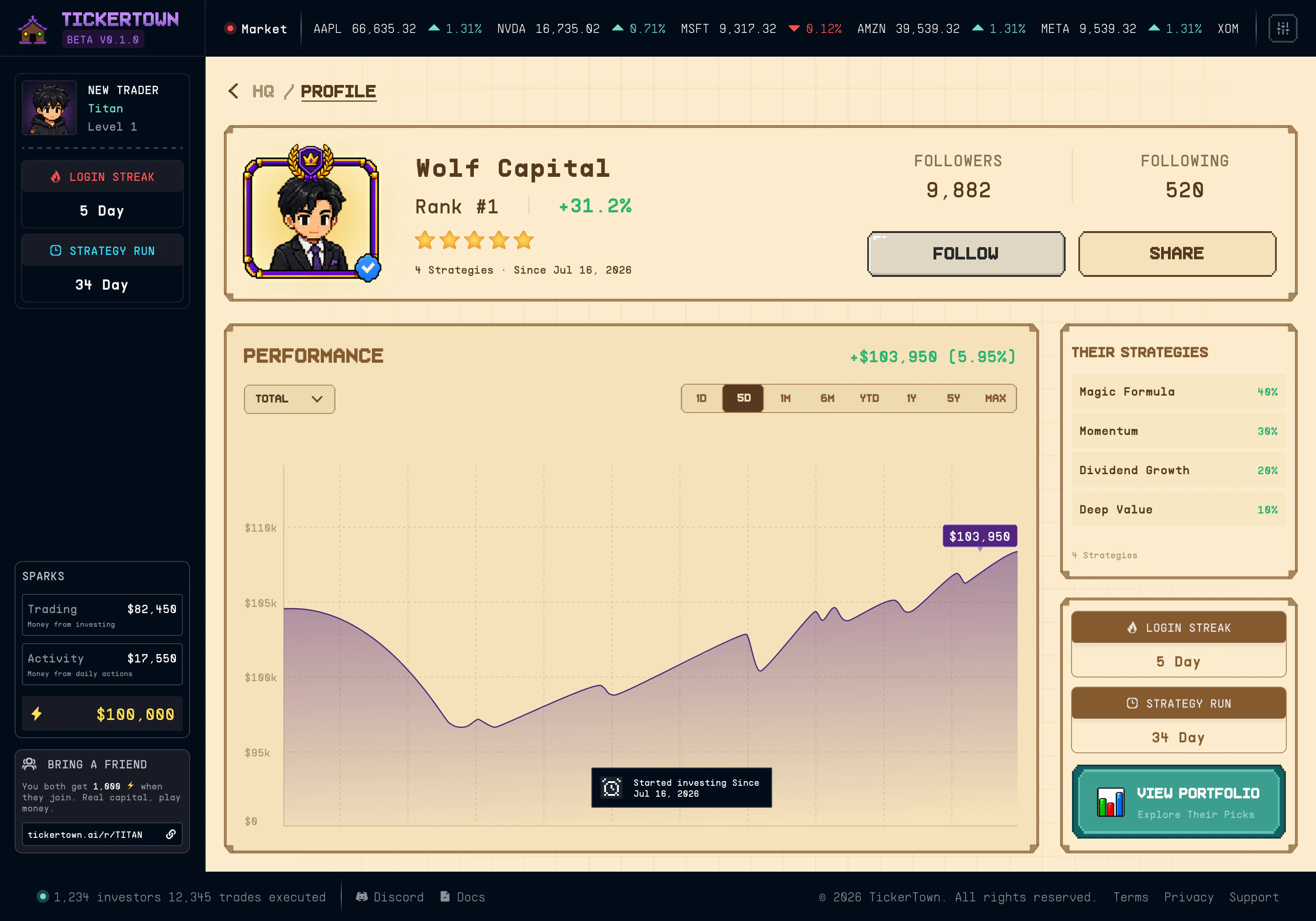 TickerTown player profile and public investment activity