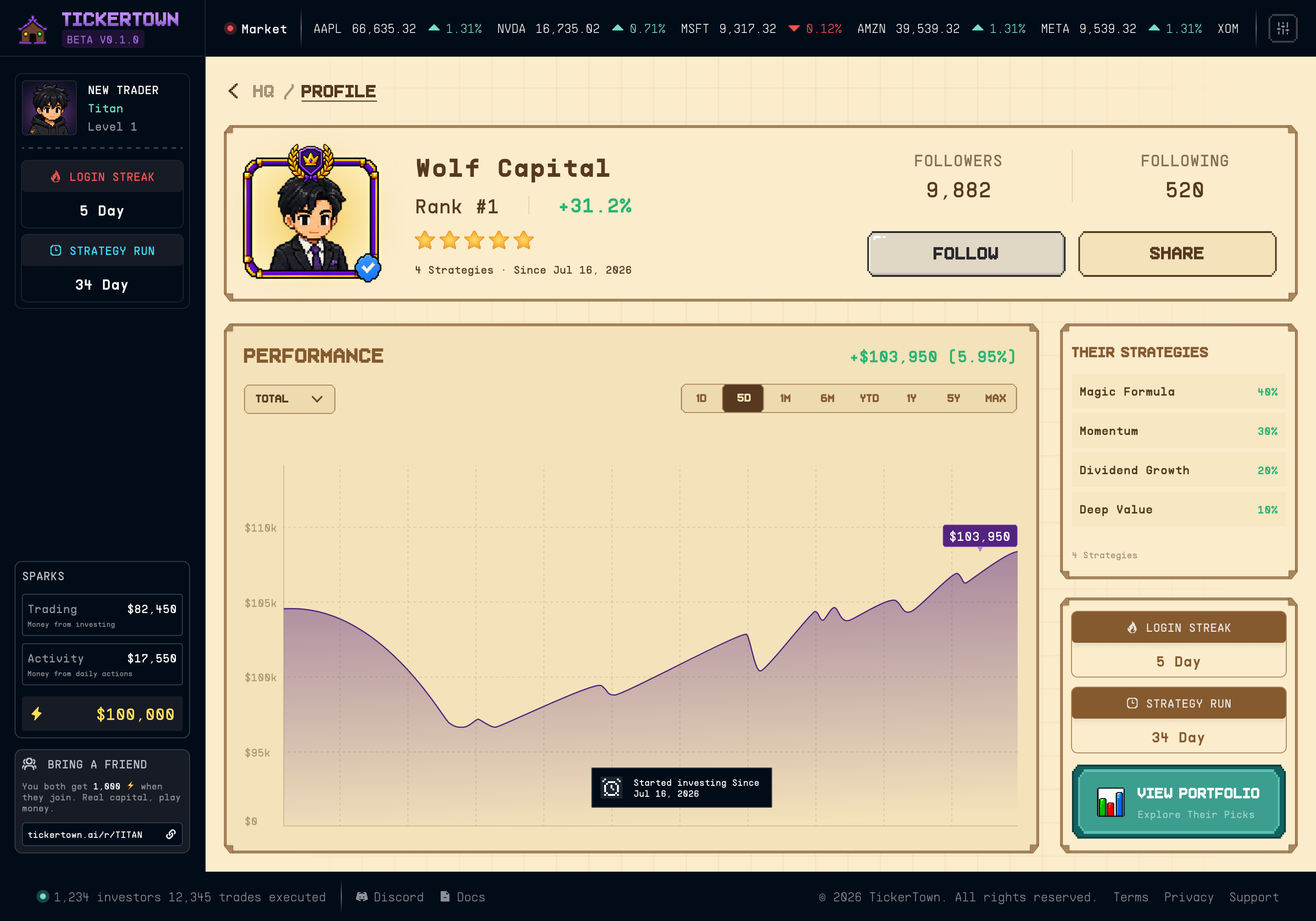 TickerTown player profile and public investment activity