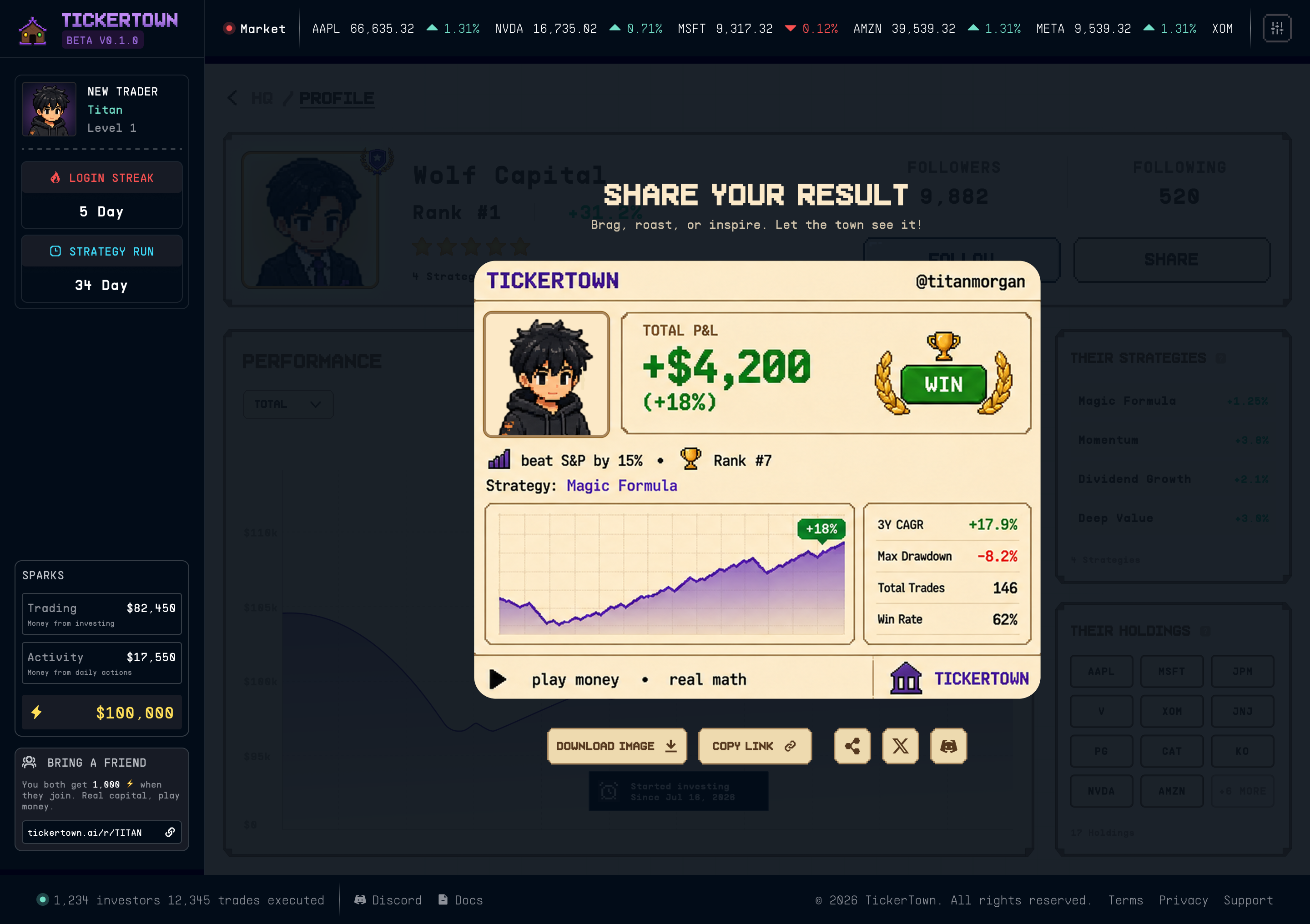 Shareable TickerTown player portfolio