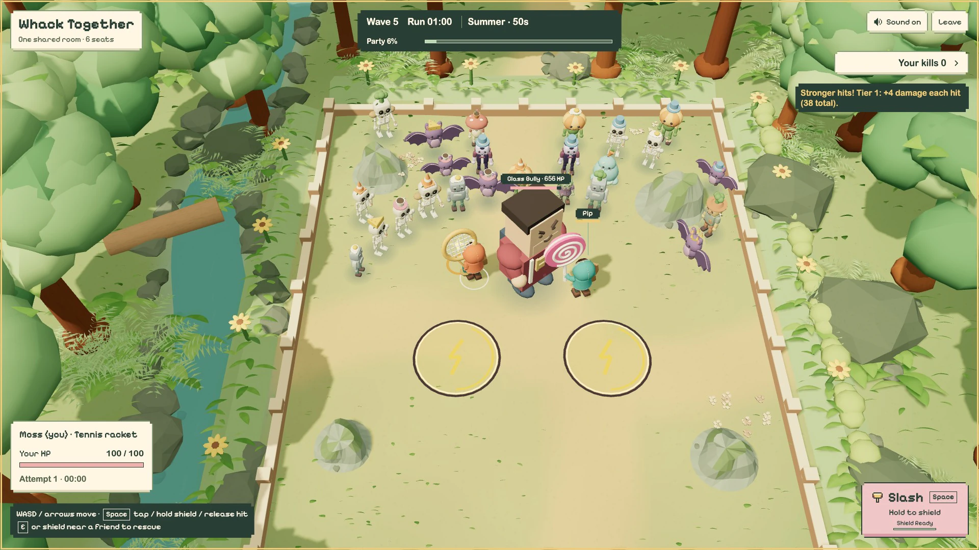 Whack Together gameplay in Wave 5 showing two players with a tennis racket and oversized lollipop fighting the Class Bully boss and a crowd of monsters.